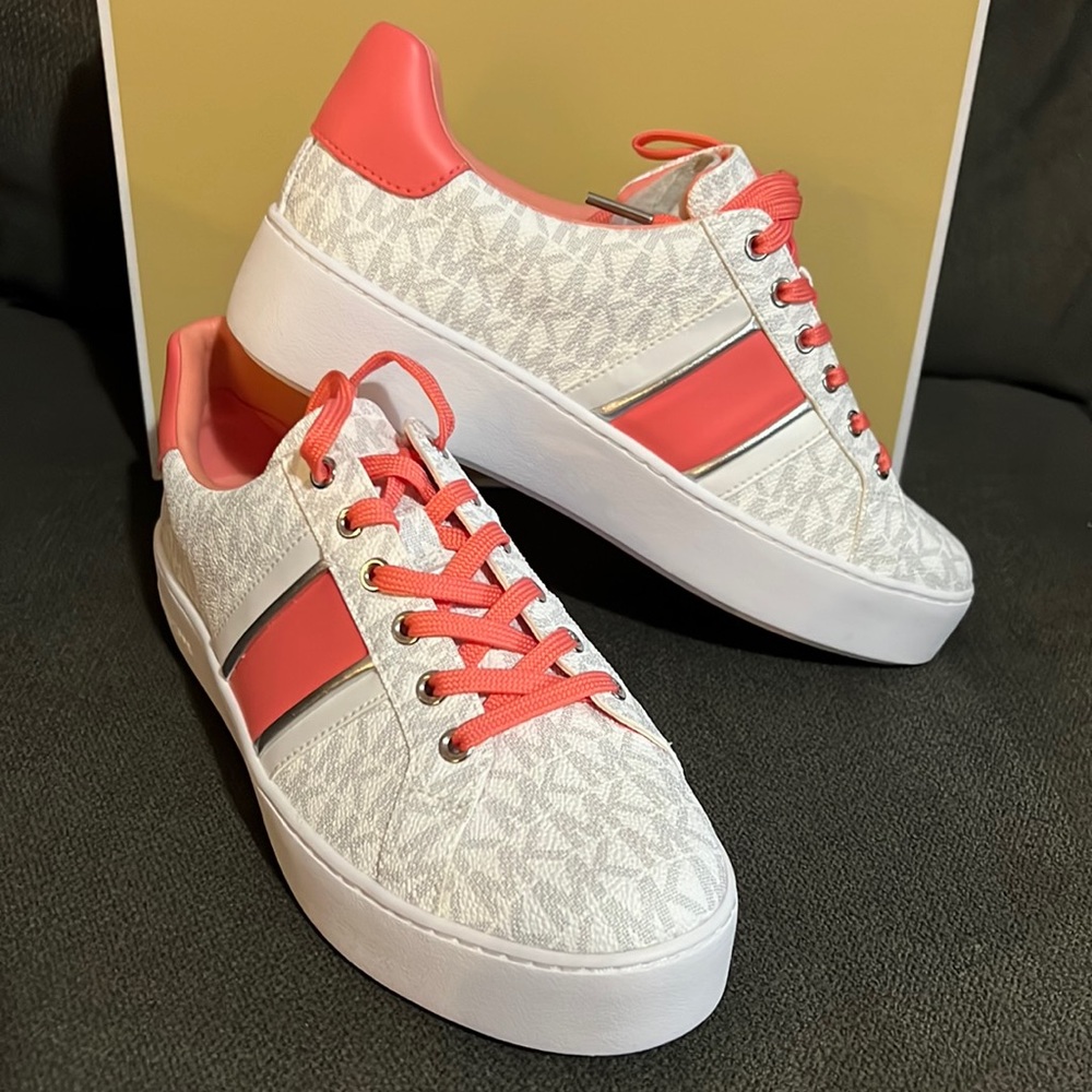 Poppy stripe lace up Michael Kors shoes canvas Grapefruit color size 8